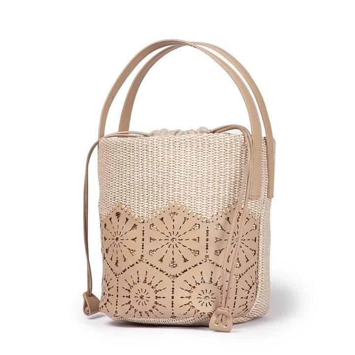Roberta Gandolfi Giulia Bucket in rafia e pelle il pannello tagliato al laser è interamente cucito a mano con tracolla staccabile Negozi Online