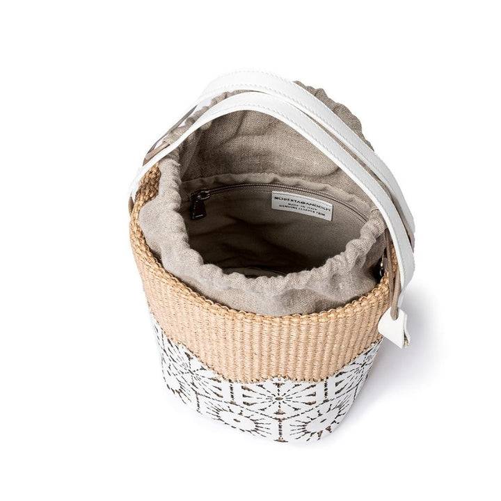Roberta Gandolfi Giulia Bucket in rafia e pelle il pannello tagliato al laser è interamente cucito a mano con tracolla staccabile Sconto