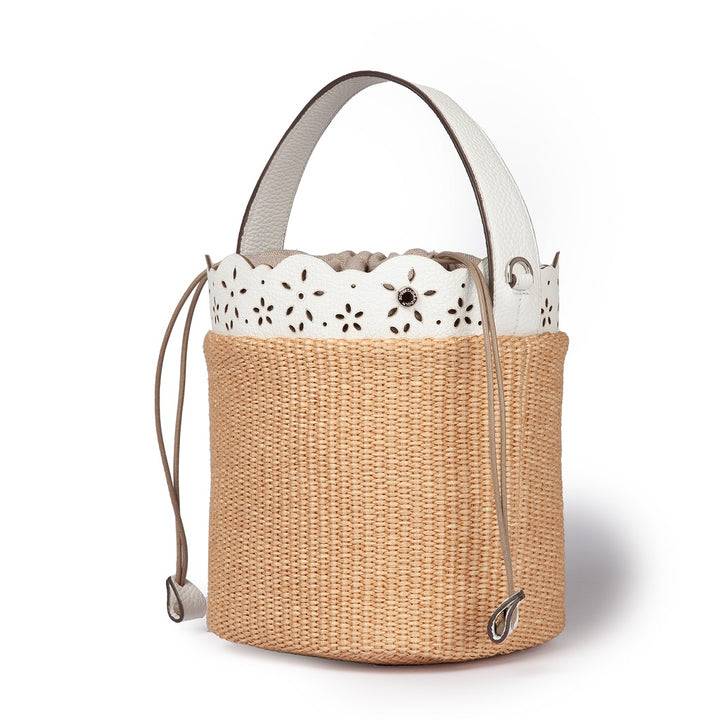 Roberta Gandolfi Diletta Bucket in rafia con balza in pelle laserata con tracolla staccabile Offerta