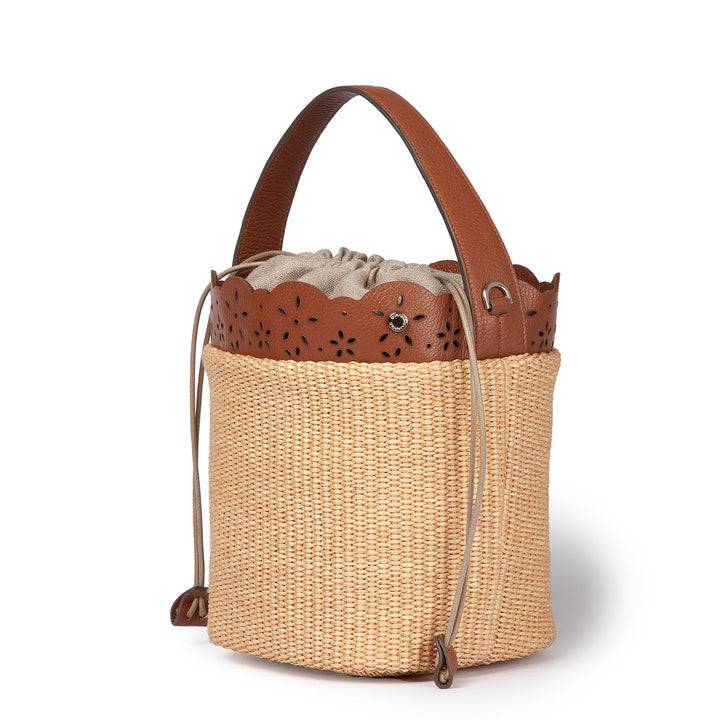 Roberta Gandolfi Diletta Bucket in rafia con balza in pelle laserata con tracolla staccabile Economico