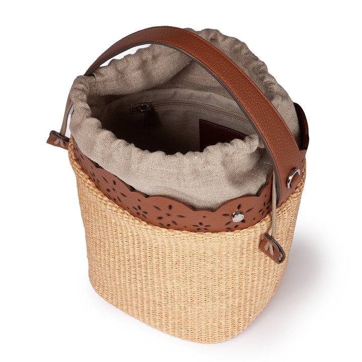 Roberta Gandolfi Diletta Bucket in rafia con balza in pelle laserata con tracolla staccabile Economico
