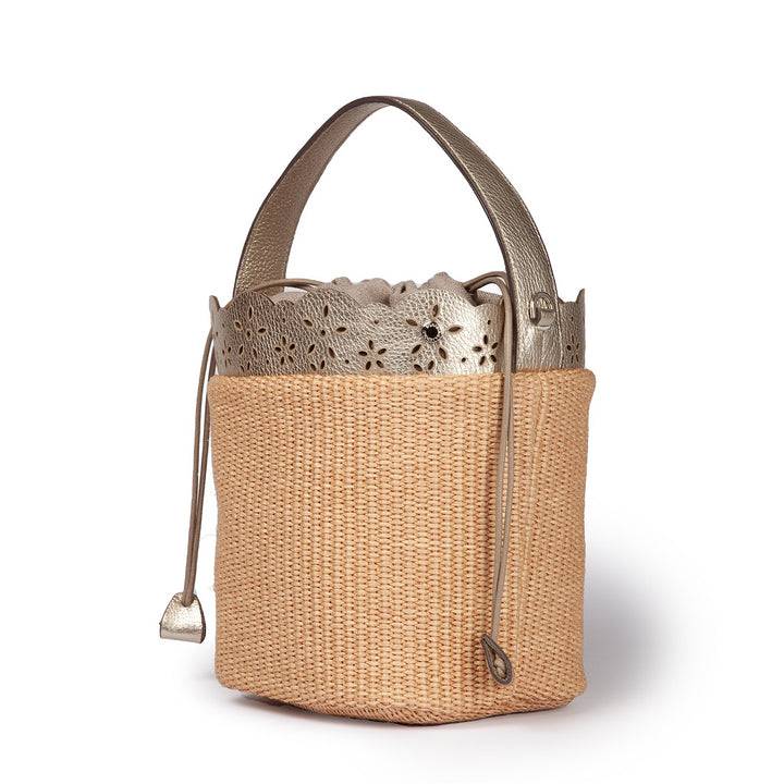 Roberta Gandolfi Diletta Bucket in rafia con balza in pelle laserata con tracolla staccabile Online
