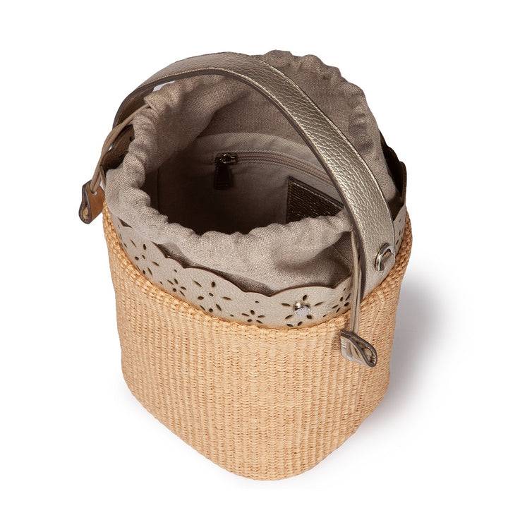 Roberta Gandolfi Diletta Bucket in rafia con balza in pelle laserata con tracolla staccabile Online