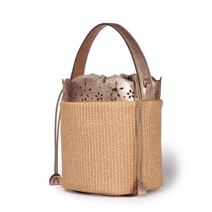 Roberta Gandolfi Diletta Bucket in rafia con balza in pelle laserata con tracolla staccabile Outlet
