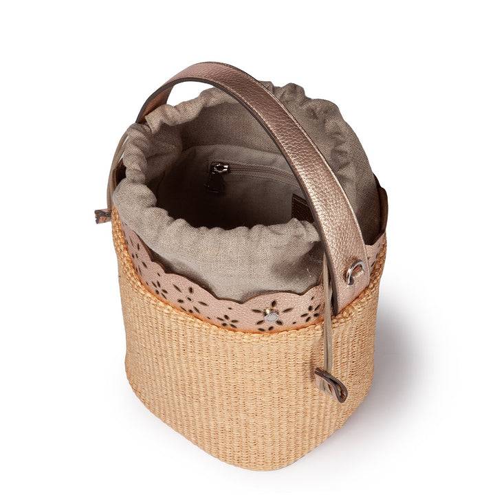 Roberta Gandolfi Diletta Bucket in rafia con balza in pelle laserata con tracolla staccabile Outlet