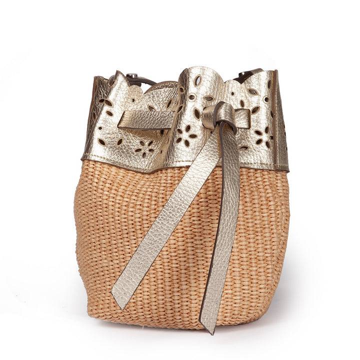 Roberta Gandolfi Diletta Mini Bucket in rafia con balza in pelle laserata con tracolla staccabile Saldi