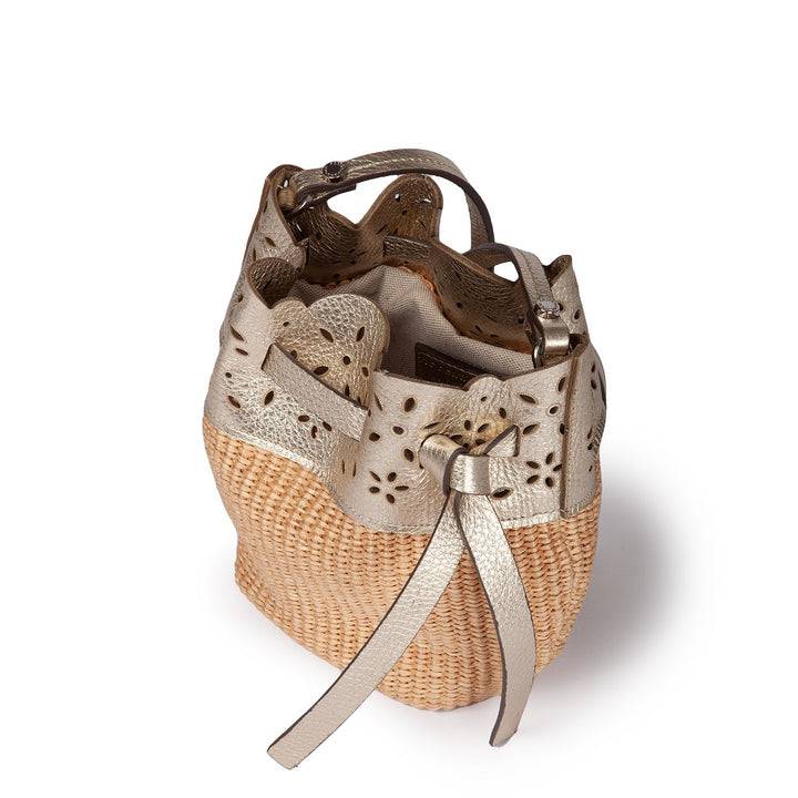Roberta Gandolfi Diletta Mini Bucket in rafia con balza in pelle laserata con tracolla staccabile Saldi