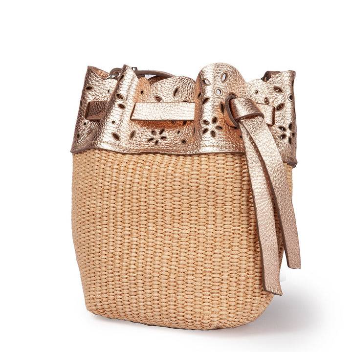 Roberta Gandolfi Diletta Mini Bucket in rafia con balza in pelle laserata con tracolla staccabile Offerte