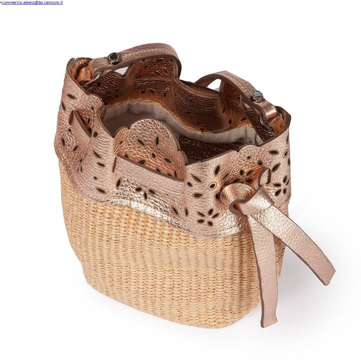 Roberta Gandolfi Diletta Mini Bucket in rafia con balza in pelle laserata con tracolla staccabile Offerte