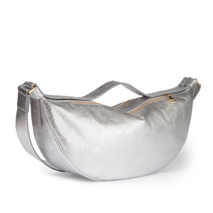 Roberta Gandolfi Micol Banana cross body in vitello martellato metal con tracolla regolabile Vendita Calda