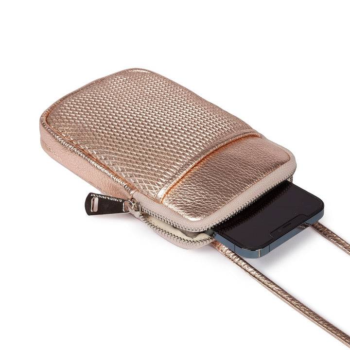 Roberta Gandolfi Yuma Phone holder in pelle di vitello con tracolla staccabile e regolabile e tasca esterna Nuovo