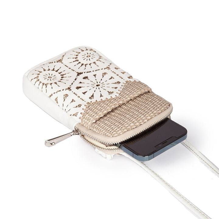 Roberta Gandolfi Giulia phone holder in rafia e pelle il pannello tagliato al laser è interamente cucito a mano con tracolla staccabile Shopping Online
