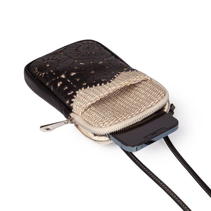 Roberta Gandolfi Giulia phone holder in rafia e pelle il pannello tagliato al laser è interamente cucito a mano con tracolla staccabile Prezzo Ridotto