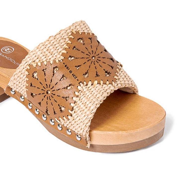 Roberta Gandolfi Sandalo Giulia platform in legno e tomaia in rafia e pelle di vitello laserata con disegno pizzo geometrico Presa