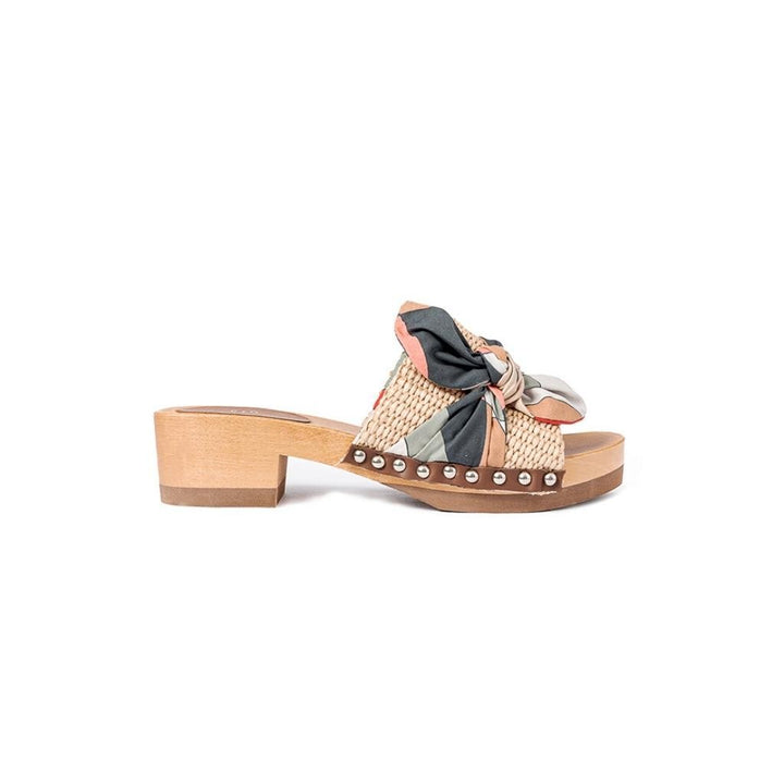 Roberta Gandolfi Lola Sixty sandali in legno con rafia e pelle di vitello con fiocco stampa sixty Sconto