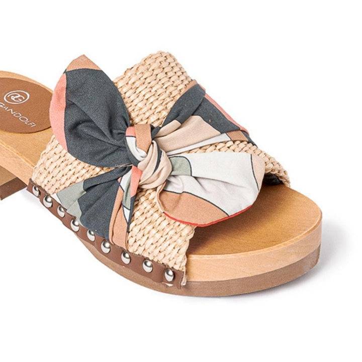 Roberta Gandolfi Lola Sixty sandali in legno con rafia e pelle di vitello con fiocco stampa sixty Sconto
