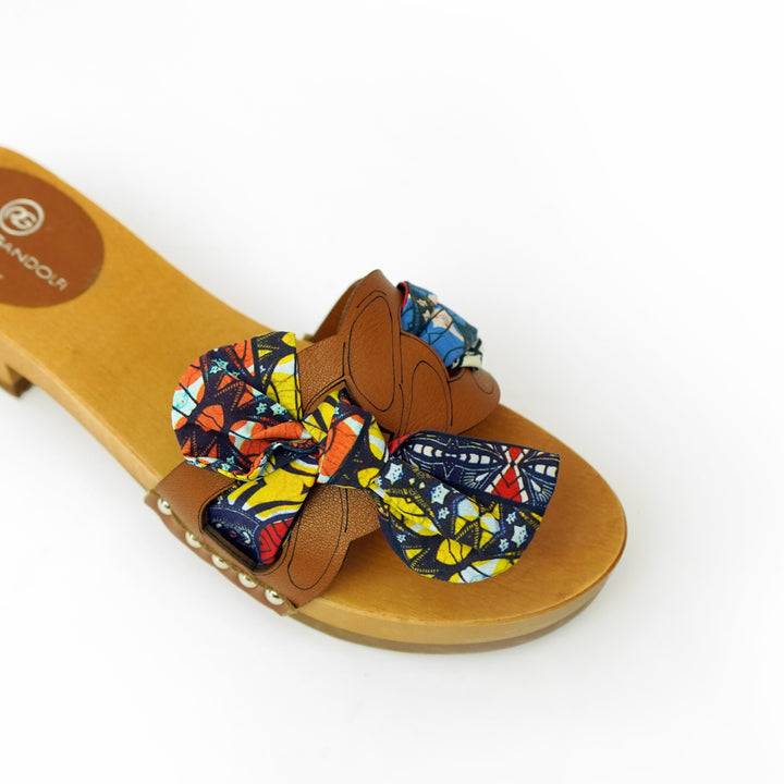 Roberta Gandolfi Lola Chain sandali in legno e pelle di vitello con fiocco stampa african Online