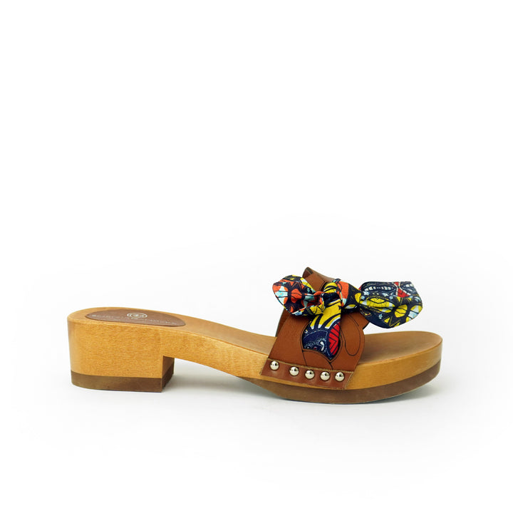 Roberta Gandolfi Lola Chain sandali in legno e pelle di vitello con fiocco stampa african Online