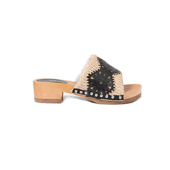 Roberta Gandolfi Sandalo Giulia platform in legno e tomaia in rafia e pelle di vitello laserata con disegno pizzo geometrico Outlet