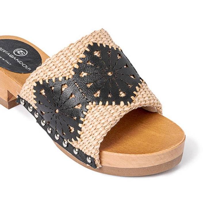 Roberta Gandolfi Sandalo Giulia platform in legno e tomaia in rafia e pelle di vitello laserata con disegno pizzo geometrico Outlet