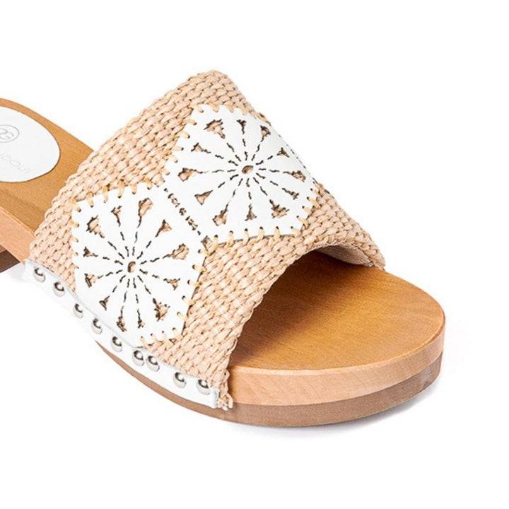 Roberta Gandolfi Sandalo Giulia platform in legno e tomaia in rafia e pelle di vitello laserata con disegno pizzo geometrico In Vendita