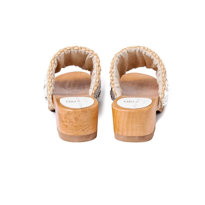Roberta Gandolfi Sandalo Giulia platform in legno e tomaia in rafia e pelle di vitello laserata con disegno pizzo geometrico In Vendita
