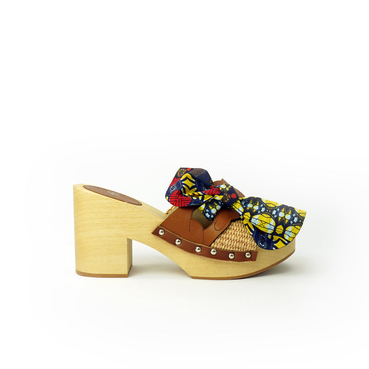 Roberta Gandolfi Diva Chain sandali in legno incrociato con platform in rafia e fiocco stamap african Offerte
