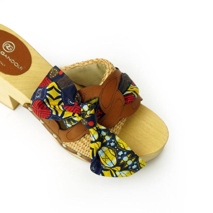 Roberta Gandolfi Diva Chain sandali in legno incrociato con platform in rafia e fiocco stamap african Offerte