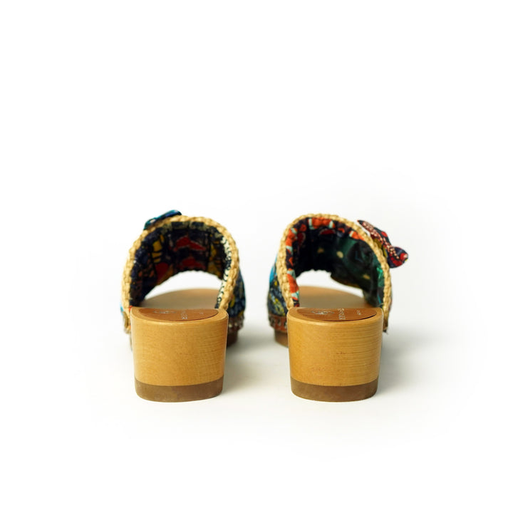 Roberta Gandolfi Lola Sabot sandali in legno con rafia e pelle di vitello con fiocco stampa african Vendita Calda