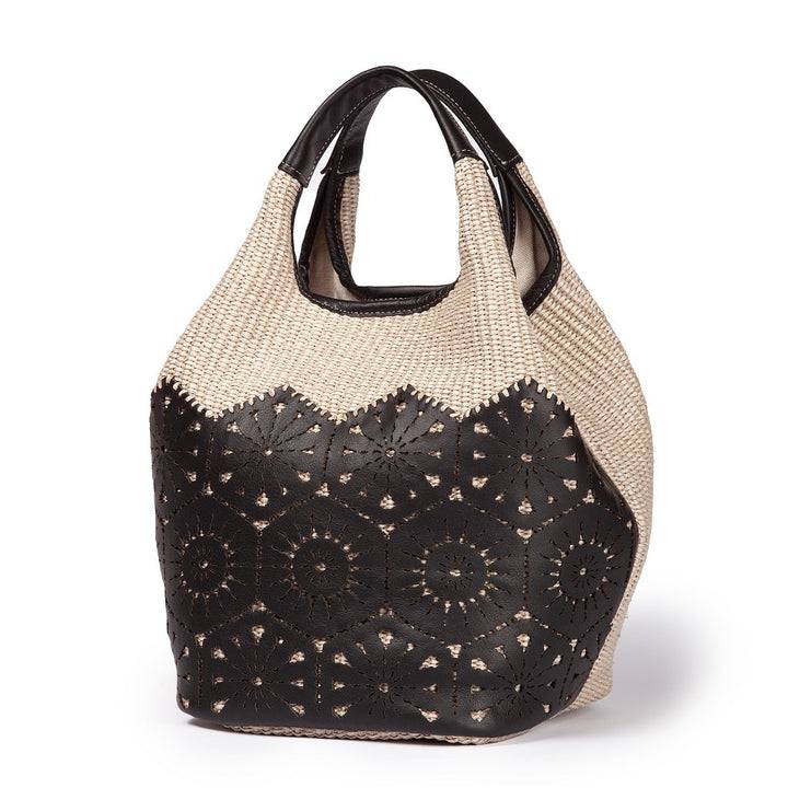 Roberta Gandolfi Giulia Handbag in rafia e pelle il pannello tagliato al laser è interamente cucito a mano con tracolla staccabile I Più Venduti
