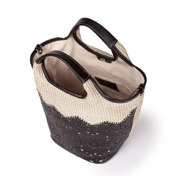 Roberta Gandolfi Giulia Handbag in rafia e pelle il pannello tagliato al laser è interamente cucito a mano con tracolla staccabile I Più Venduti
