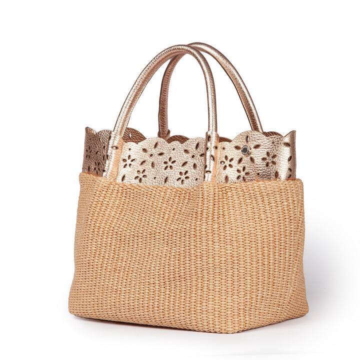 Roberta Gandolfi Diletta Handbag in rafia con balza in pelle laserata con tracolla staccabile Consegna Veloce