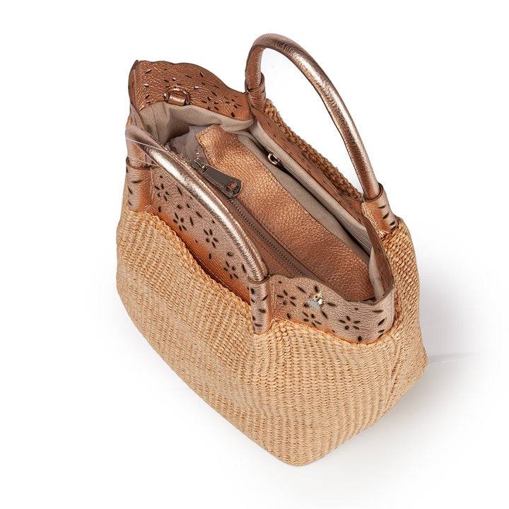Roberta Gandolfi Diletta Handbag in rafia con balza in pelle laserata con tracolla staccabile Consegna Veloce