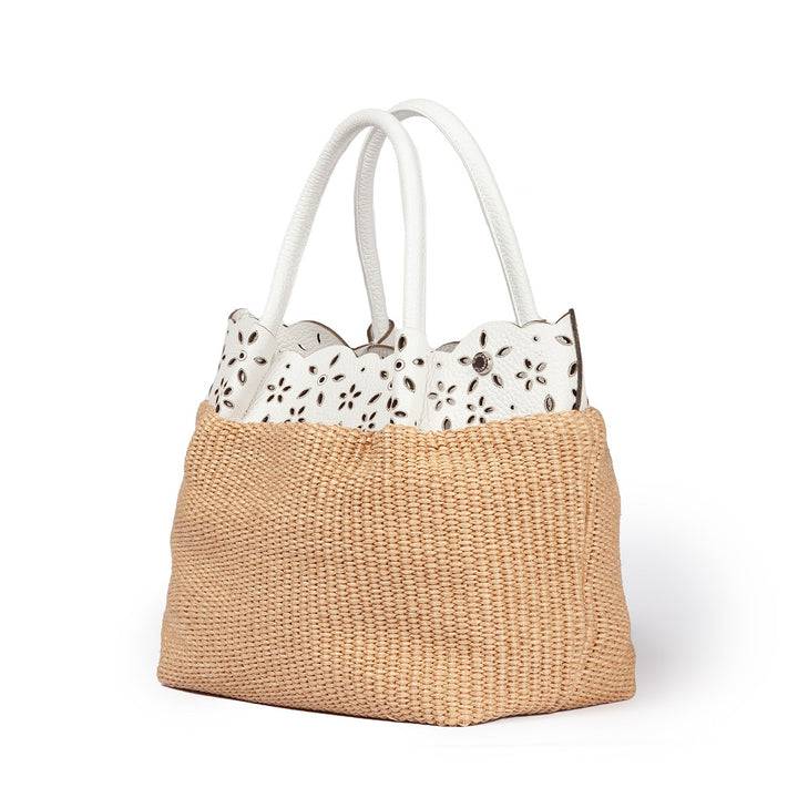 Roberta Gandolfi Diletta Handbag in rafia con balza in pelle laserata con tracolla staccabile Promozione Limitata