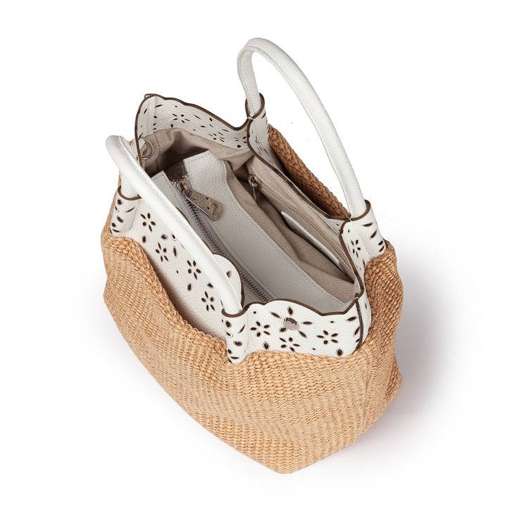 Roberta Gandolfi Diletta Handbag in rafia con balza in pelle laserata con tracolla staccabile Promozione Limitata