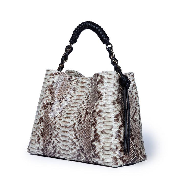Roberta Gandolfi Amina Pitone large borsa a mano in pitone e finiture in pelle di vitello con manico tubolare fasciato e tracolla staccabile 2025