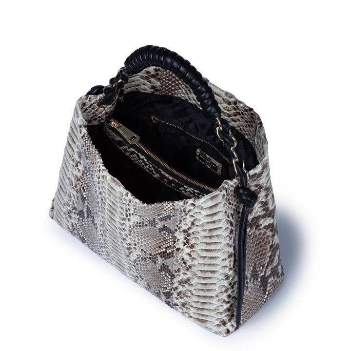 Roberta Gandolfi Amina Pitone large borsa a mano in pitone e finiture in pelle di vitello con manico tubolare fasciato e tracolla staccabile 2025