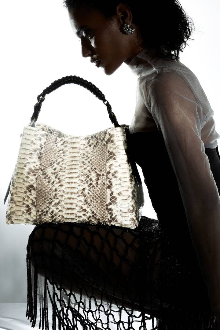 Roberta Gandolfi Amina Pitone large borsa a mano in pitone e finiture in pelle di vitello con manico tubolare fasciato e tracolla staccabile Negozi Online