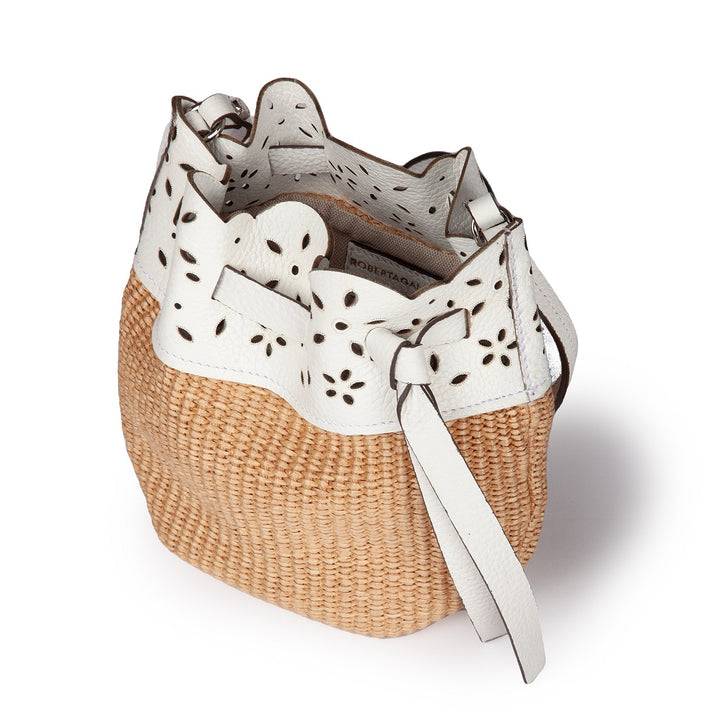 Roberta Gandolfi Diletta Mini Bucket in rafia con balza in pelle laserata con tracolla staccabile In Linea