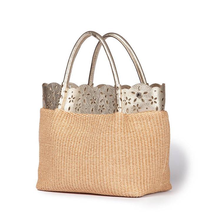 Roberta Gandolfi Diletta Handbag in rafia con balza in pelle laserata con tracolla staccabile Vendita