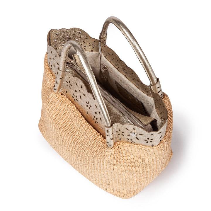 Roberta Gandolfi Diletta Handbag in rafia con balza in pelle laserata con tracolla staccabile Vendita