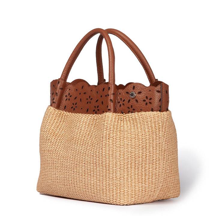 Roberta Gandolfi Diletta Handbag in rafia con balza in pelle laserata con tracolla staccabile Promozione