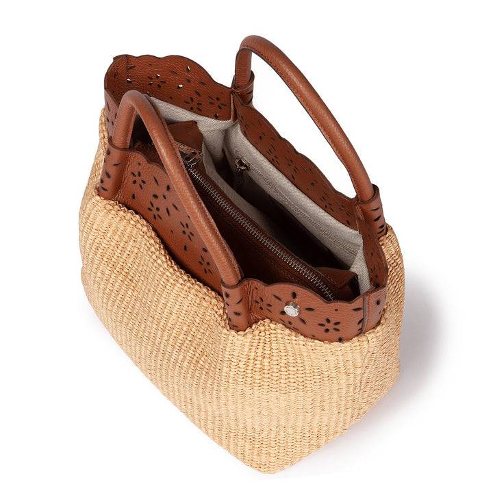 Roberta Gandolfi Diletta Handbag in rafia con balza in pelle laserata con tracolla staccabile Promozione
