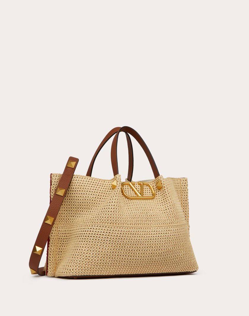 Valentino Handbags Borsa Shopping Media In Rafia Sintetica per Donna in Selleria/naturale/rouge Pur | Valentino IT Spedizione Gratuita