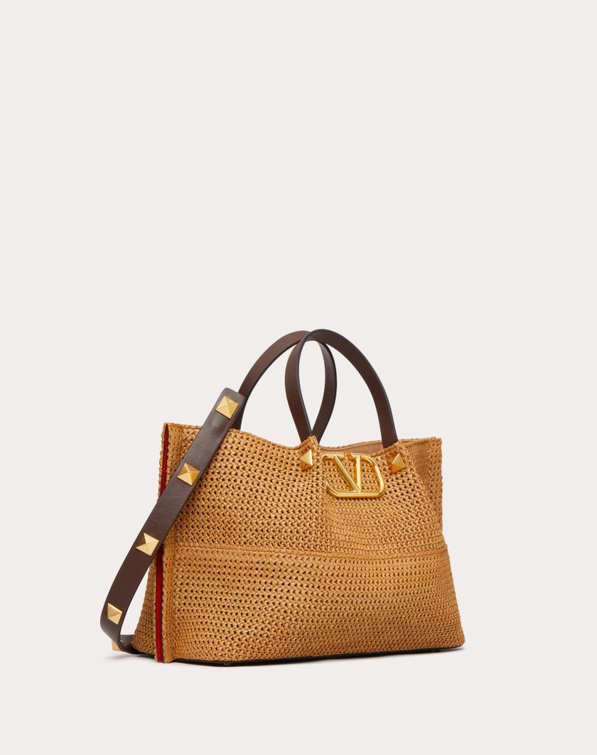 Valentino Handbags Borsa Shopping Media In Rafia Sintetica per Donna in Biscotto/cioccolato | Valentino IT Pezzi Unici