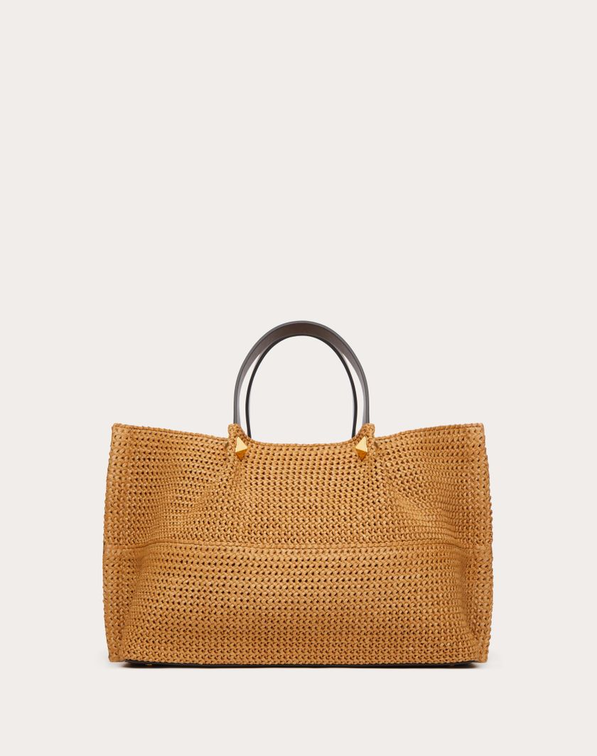 Valentino Handbags Borsa Shopping Media In Rafia Sintetica per Donna in Biscotto/cioccolato | Valentino IT Pezzi Unici