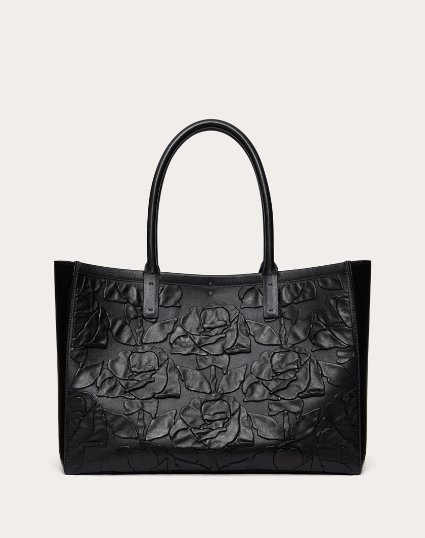 Valentino Handbags Borsa Shopping Media Vlogo Locker Tote In Pelle Con Rose Ricamate per Donna in Nero | Valentino IT Negozi Online