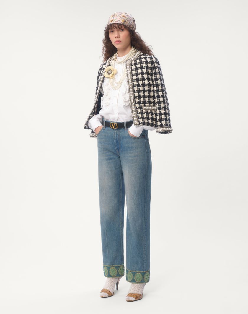 Valentino Handbags Pantaloni In Denim Con Bordi In Jacquard per Donna in Denim | Valentino IT Soddisfazione Garantita
